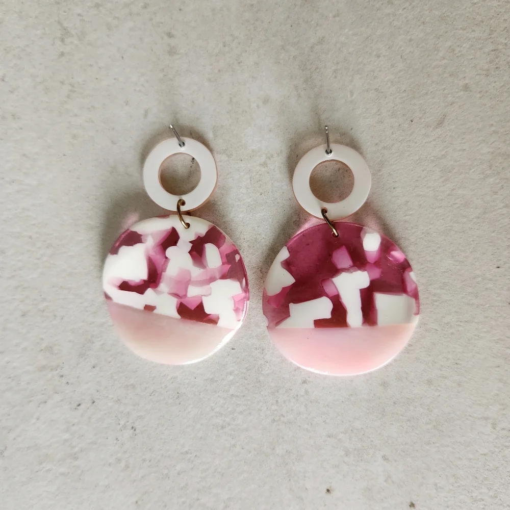 Pink White Acrylic Swirl Round Post Dangle Earrings for Pierced Ears